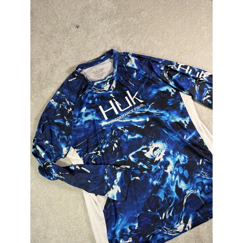 Huk Performance Fishing Long Sleeve XL Blue Mossy Oak Hydro Camo UPF Sun Shirt